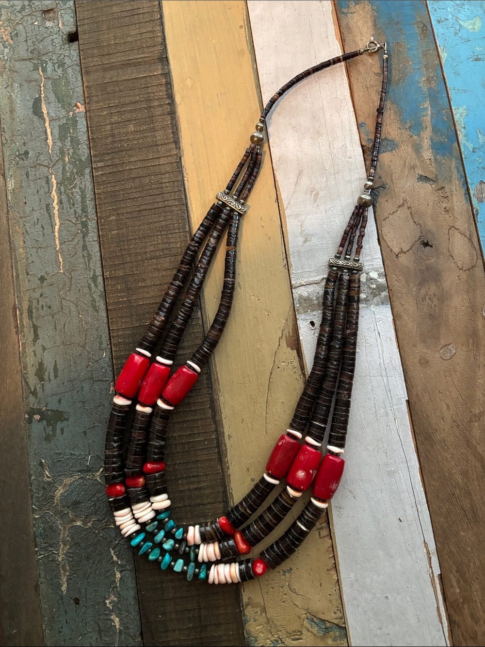 Handmade Multi-Strand Brown Necklace with Red & Turquoise Accents